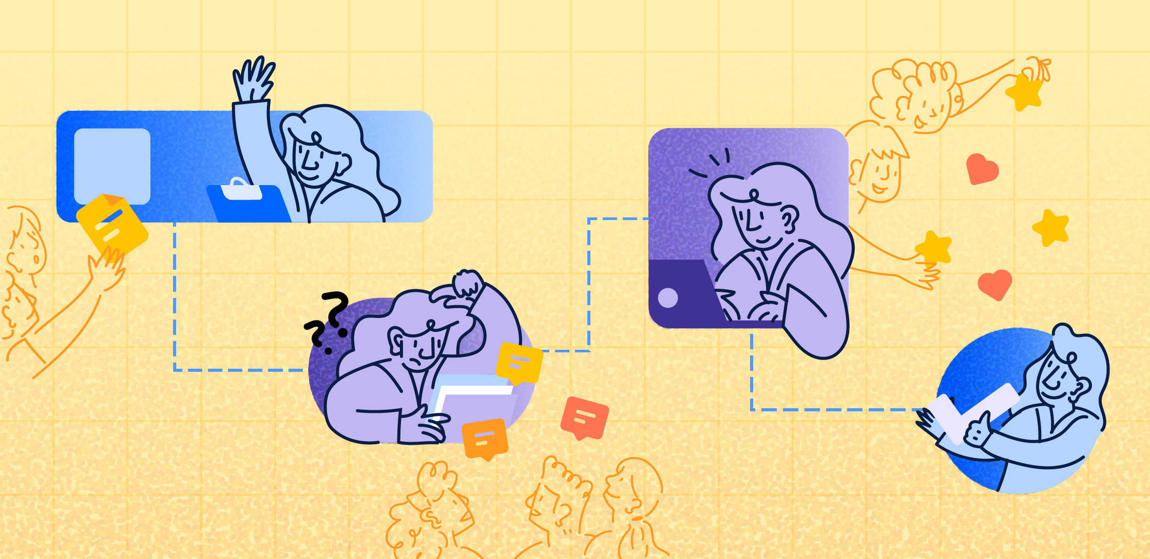 A flow chart demonstrating people working together in a healthy way to prevent burnout