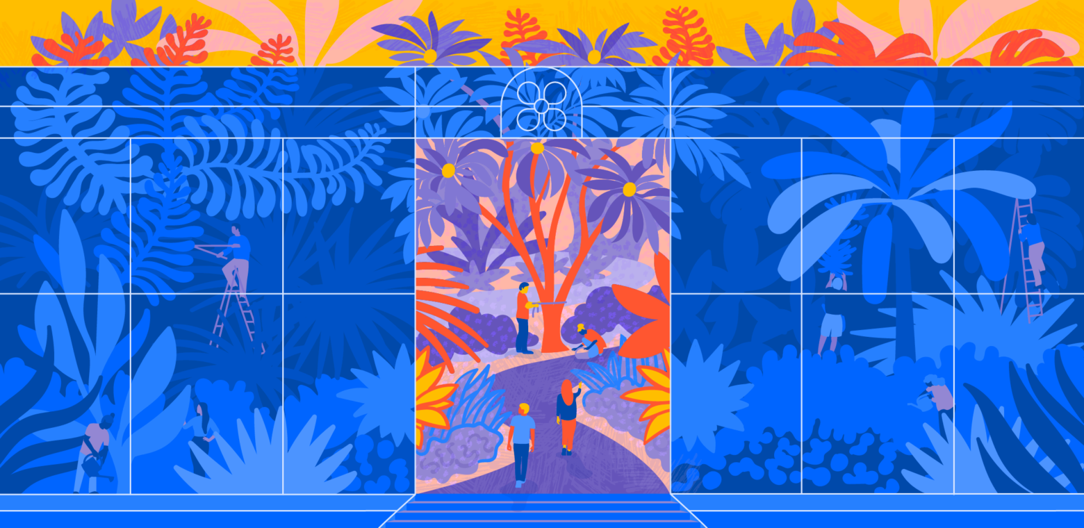 Illustration of two people entering a conservatory garden