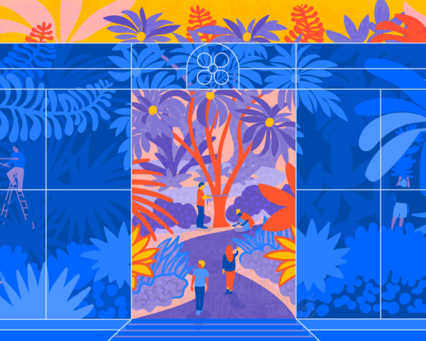Illustration of two people entering a conservatory garden