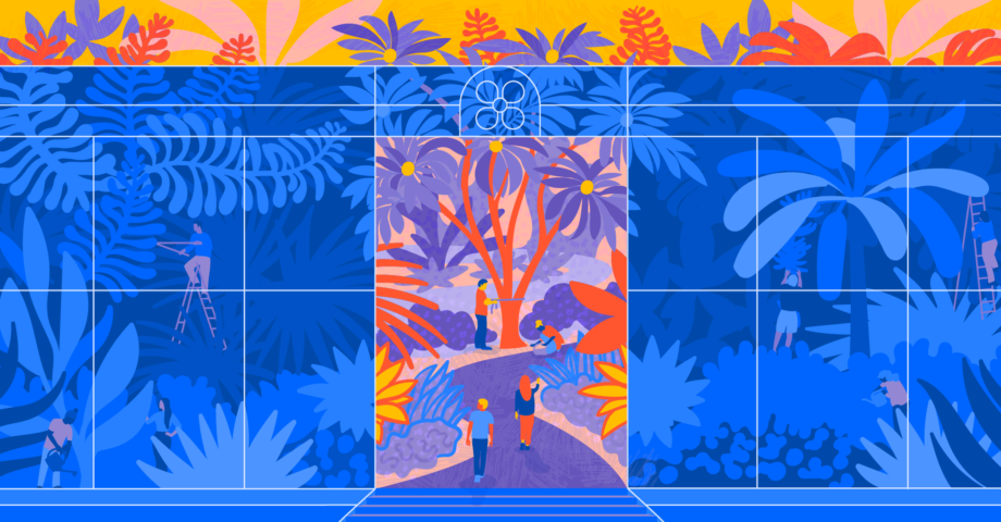 Illustration of two people entering a conservatory garden