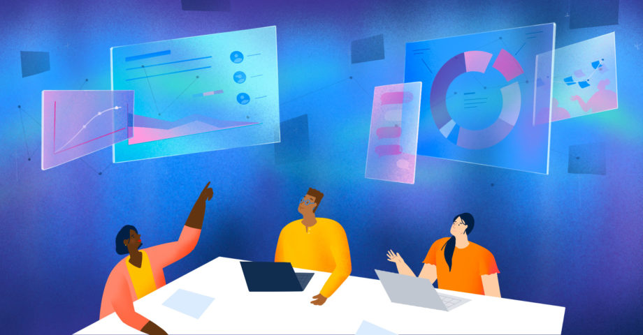 Illustration of people sitting around a conference table looking at each others' work