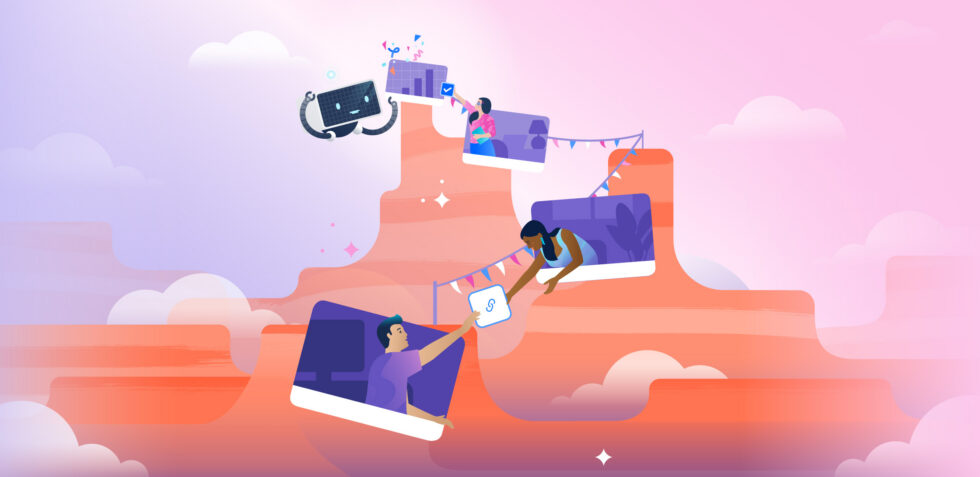 Illustration of people popping out of computer screens to hand off work to each other