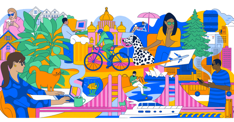 Illustration of people in different cities engaging in various creative activities