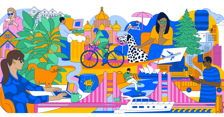 illustration of people in different cities engaging in various creative activities