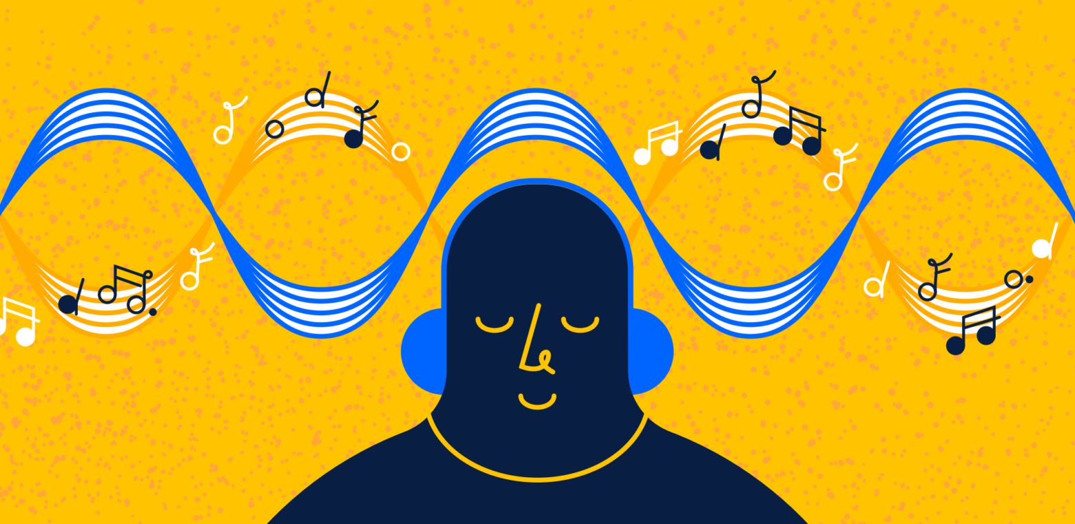 A person wearing headphones while sitting under a music score, illustrating a flow state of mind