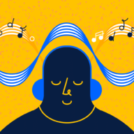 A person wearing headphones while sitting under a music score, illustrating a flow state of mind