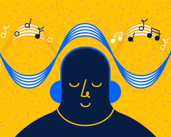 A person wearing headphones while sitting under a music score, illustrating a flow state of mind