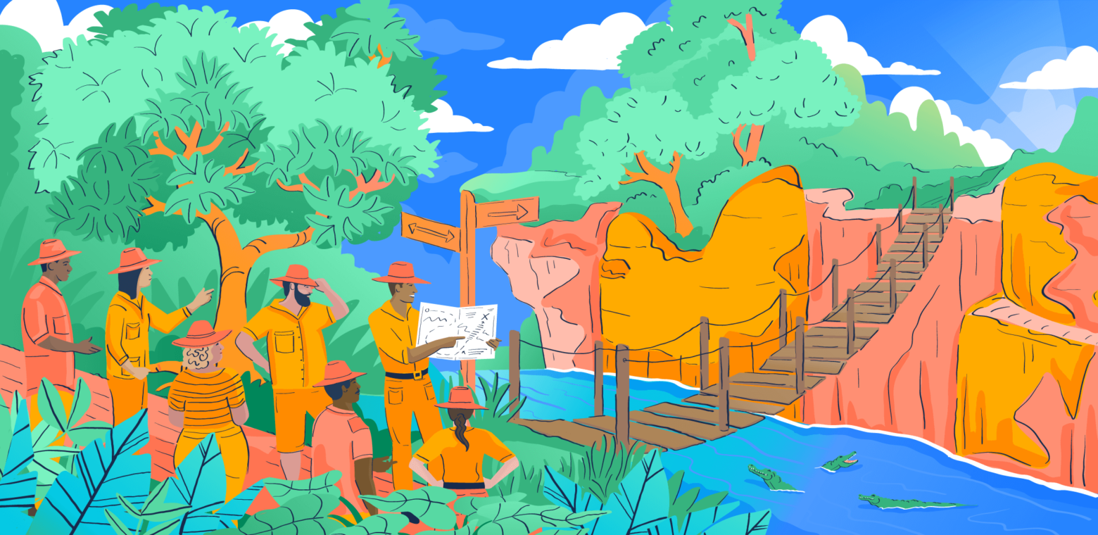 Illustration of a jungle guide trying to convince people to take a path that looks risky