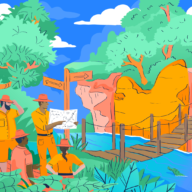 Illustration of a jungle guide trying to convince people to take a path that looks risky