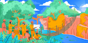 Illustration of a jungle guide trying to convince people to take a path that looks risky