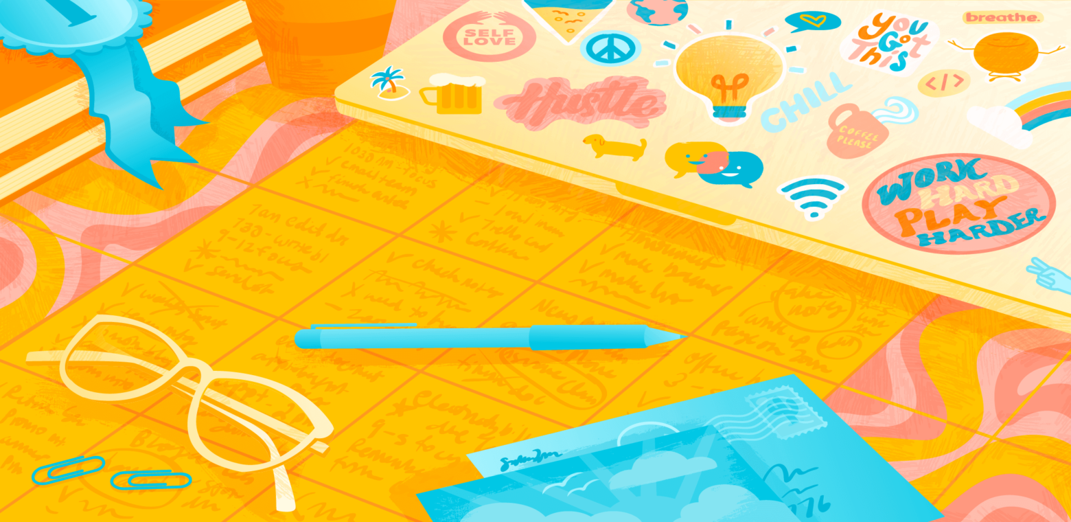 Illustration of a desk calendar and a laptop covered in stickers.