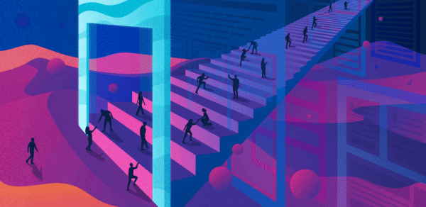 People walking through a doorway into a digital world, signifying digital transformation