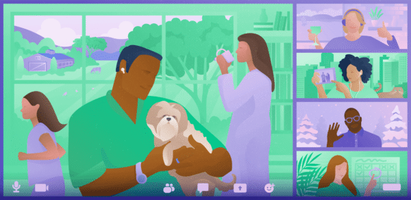 Cartoon image of 5 different people on Zoom screens, tackling the challenges of virtual teamwork