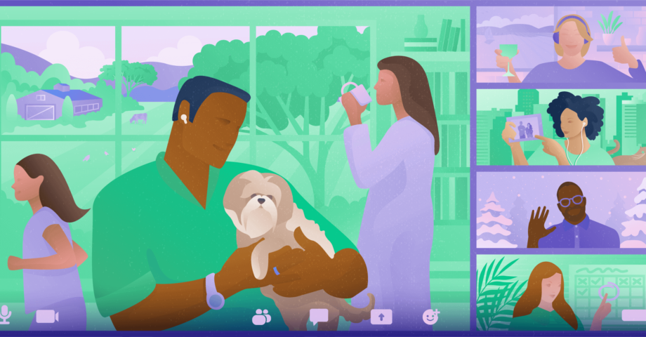 Cartoon image of 5 different people on Zoom screens, tackling the challenges of virtual teamwork