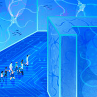 Illustration of a group of people walking through a tall maze decorated with brain-wave and synapse imagery