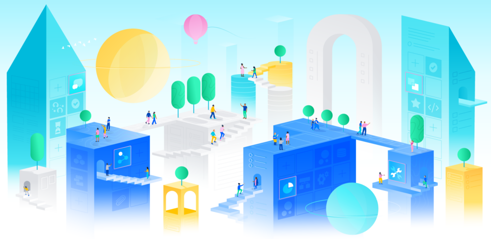 Illustration of a futuristic cityscape with people walking along raised platforms