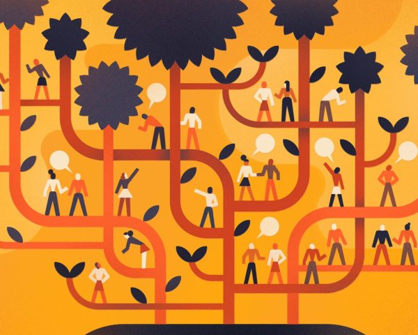 Illustration of three intertwined trees with people standing on the branches talking to each other