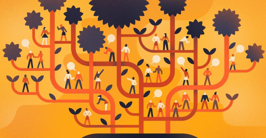 illustration of three intertwined trees with people standing on the branches talking to each other