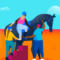 Illustration of people getting back onto a horse after falling
