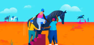 Illustration of people getting back onto a horse after falling
