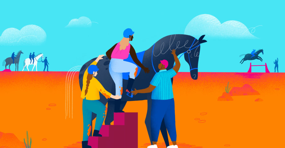 Illustration of people getting back onto a horse after falling