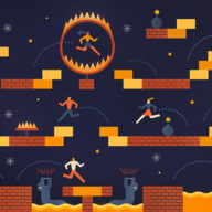 illustration of people going through a video game obstacle course