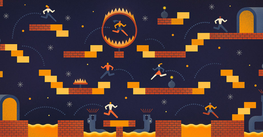 Illustration of people going through a video game obstacle course