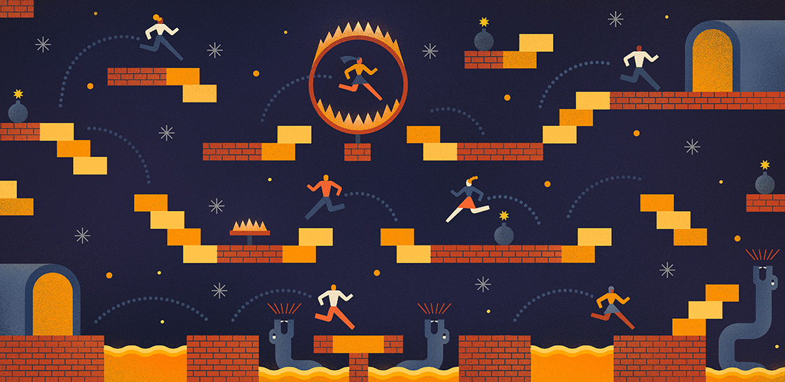 Illustration of people going through a video game obstacle course