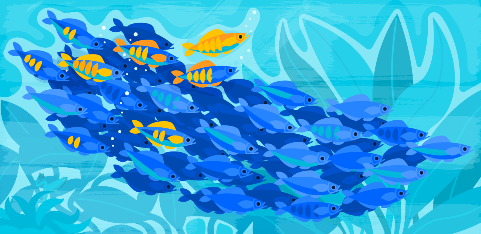 Illustration of a school of fish where one of the fish is leading some of the others in a new direction