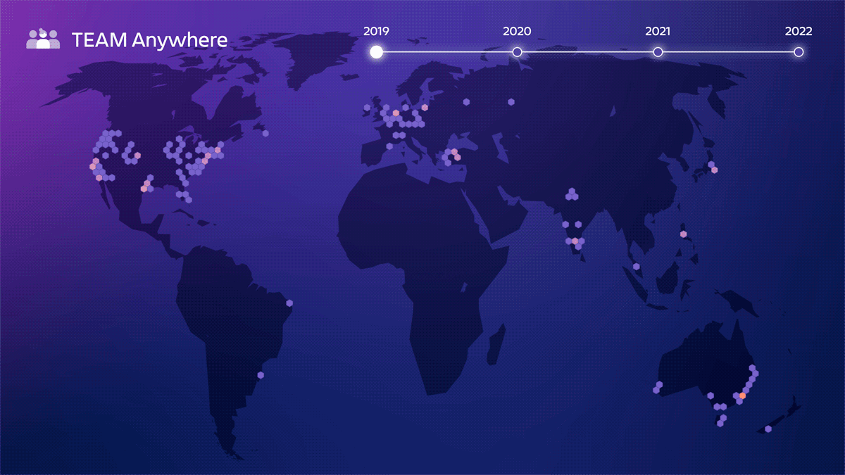 Animated visualization of where Atlassian employees live globally