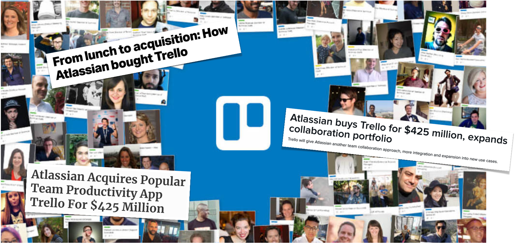 Collage of headlines related to Atlassian's acquisition of Trello