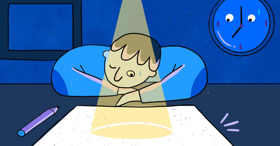 illustration of a person with their head down on their desk, looking anxious