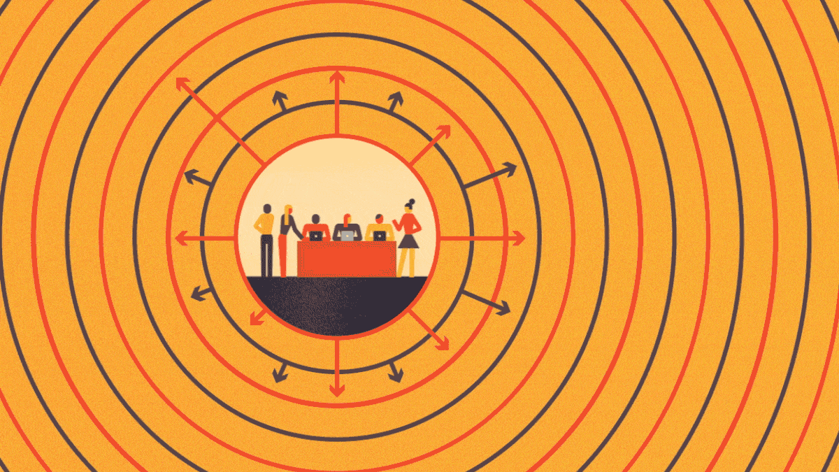 Illustration of a workplace team surrounded by radiating arrow, indicating expansion