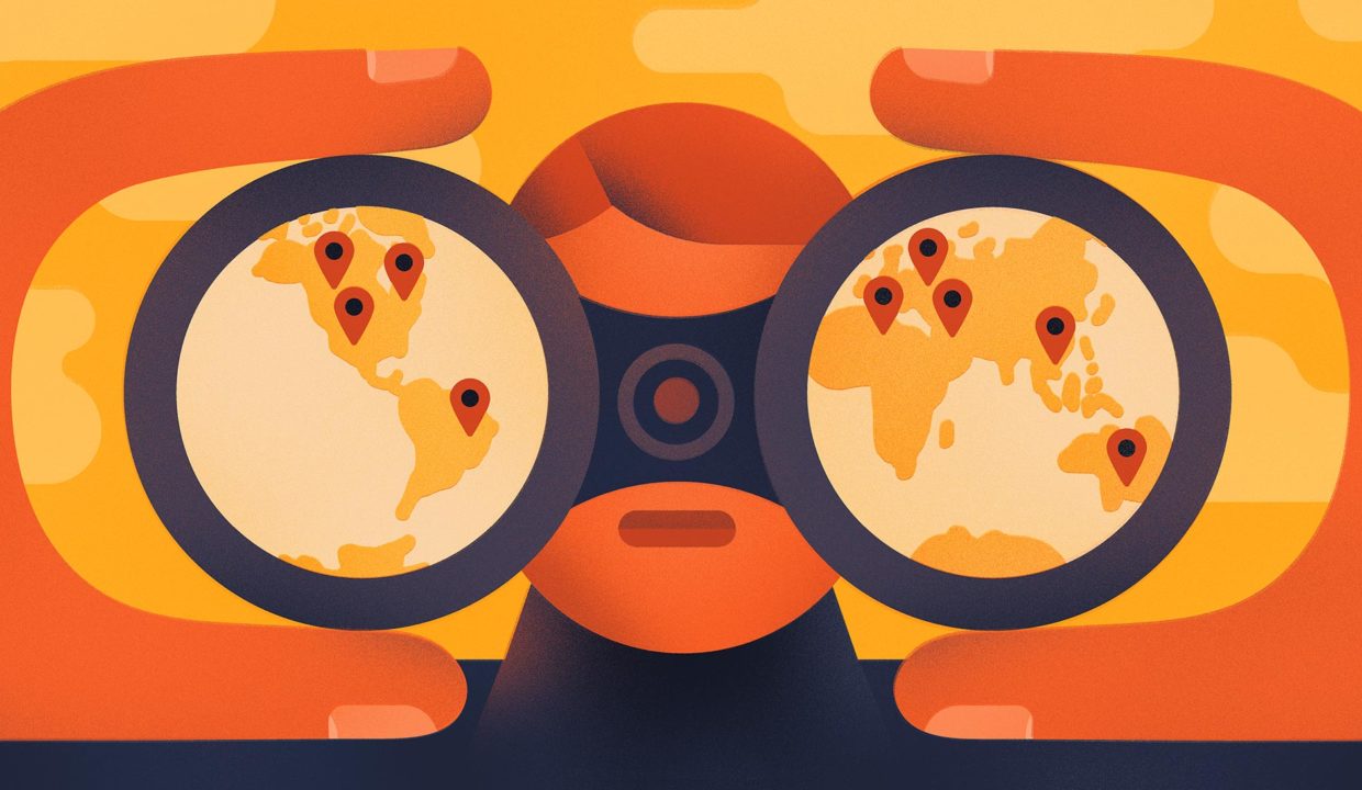 Illustration of a person looking through binoculars with a world map in the background.