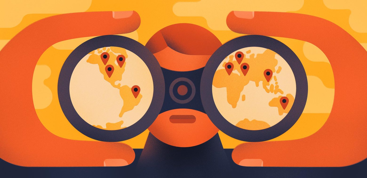 Illustration of a person looking through binoculars with a world map in the background.