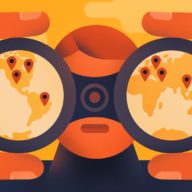 illustration of a person looking through binoculars with a world map in the background.