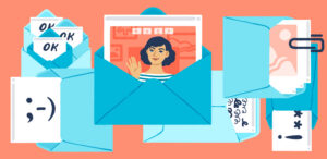 Illustration of envelopes, attachments, and a person waving