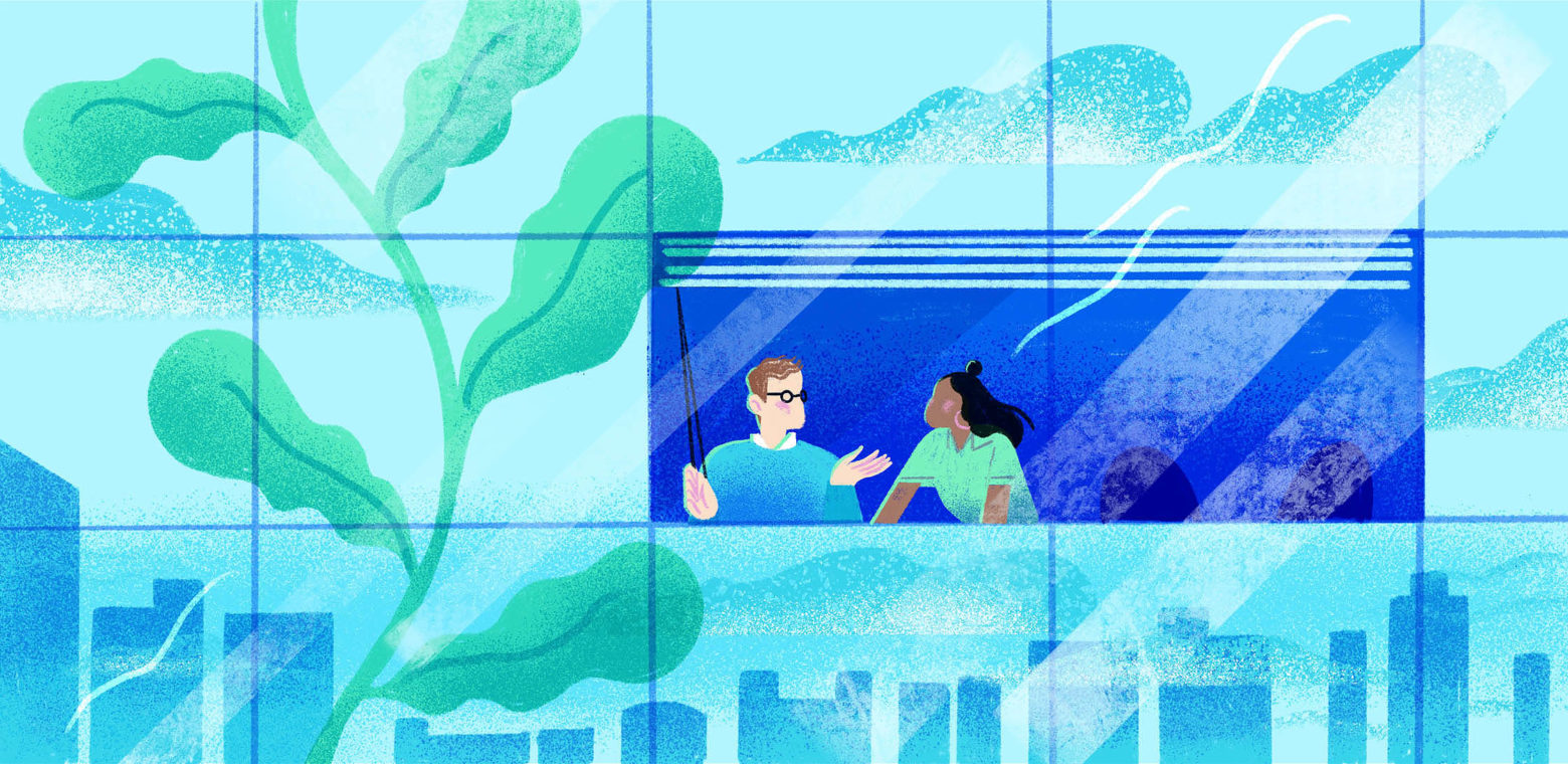Illustration of two people opening a window shade on an office building