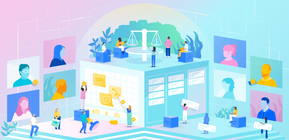 Illustration of people working together in person and remotely