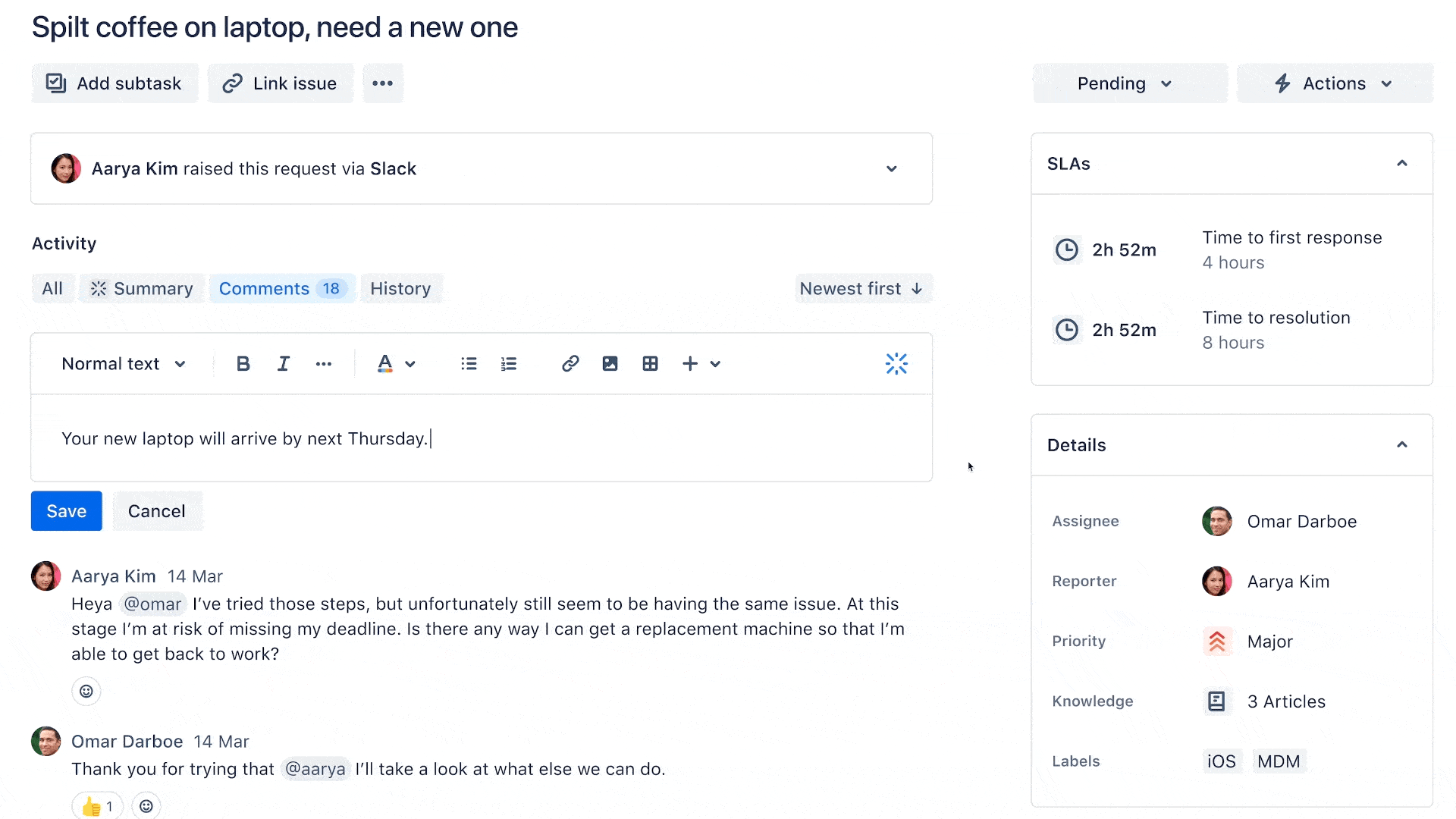 A human agent asks Atlassian Intelligence to adjust the tone of their response to suit the situation