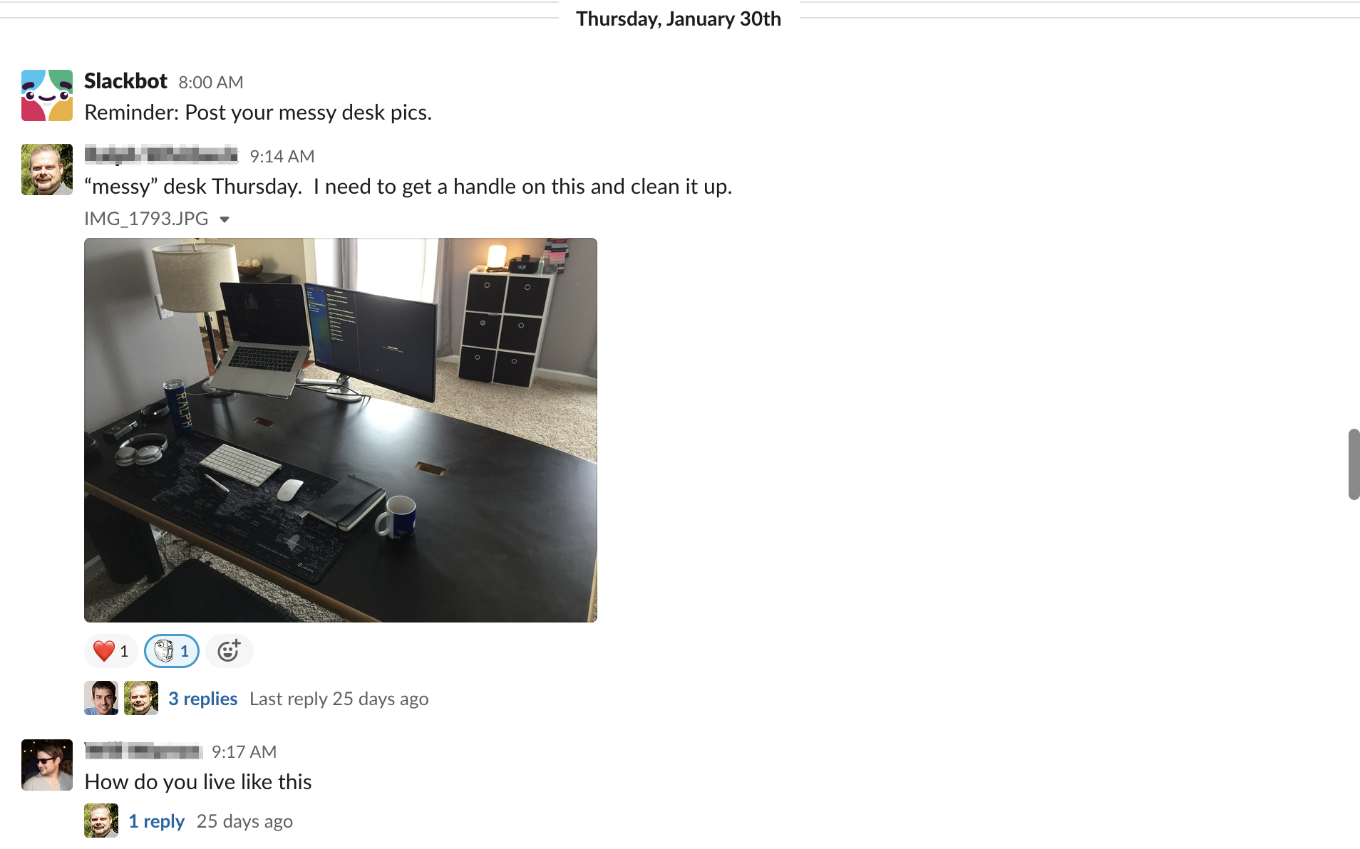Screenshot of an Atlassian conversation about messy desks in Slack
