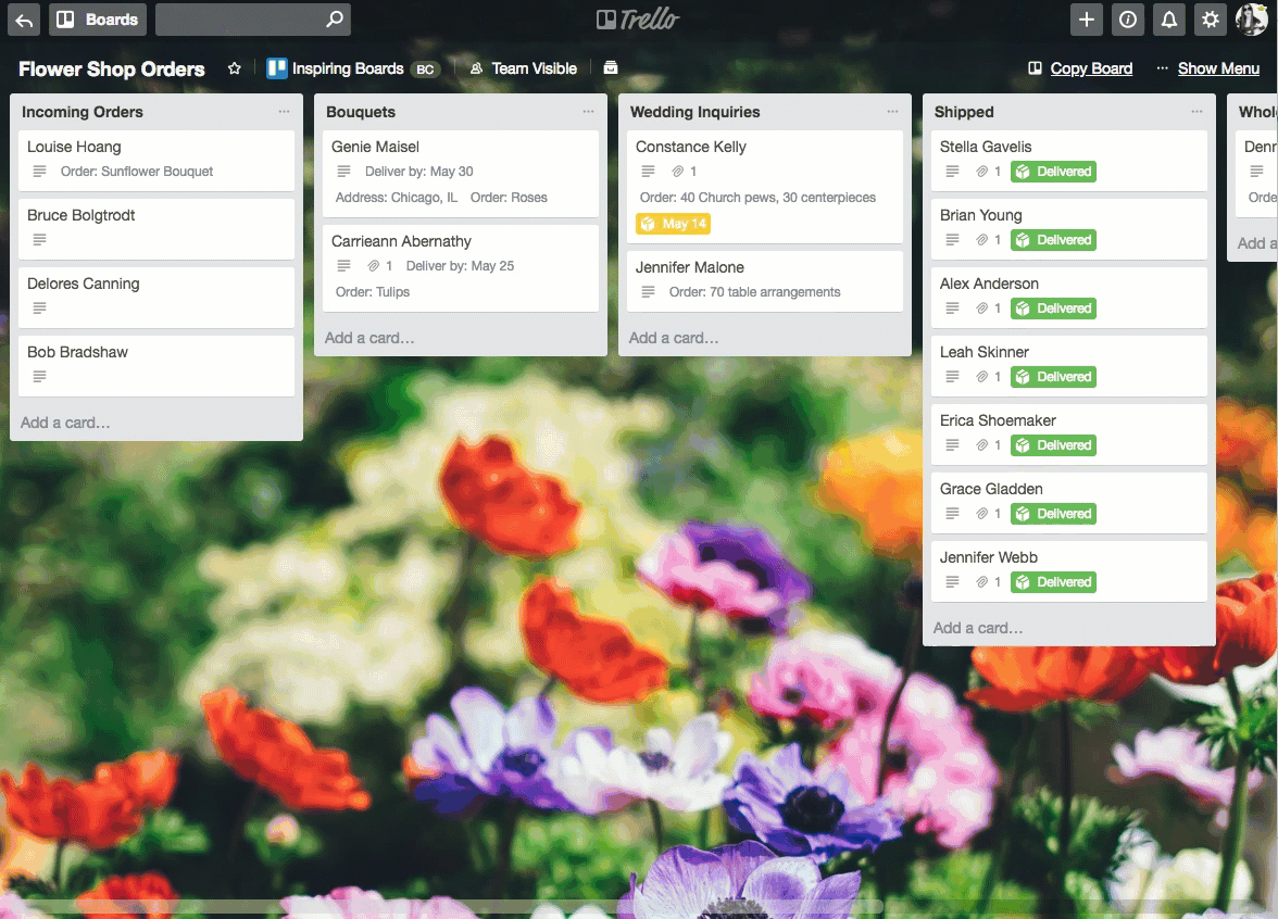 Trello board example of flower shop managing incoming requests