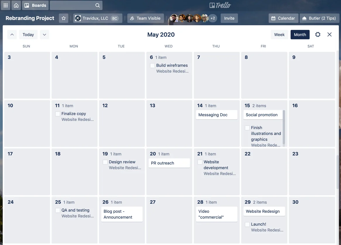 Advanced checklist items show on Trello calendar view