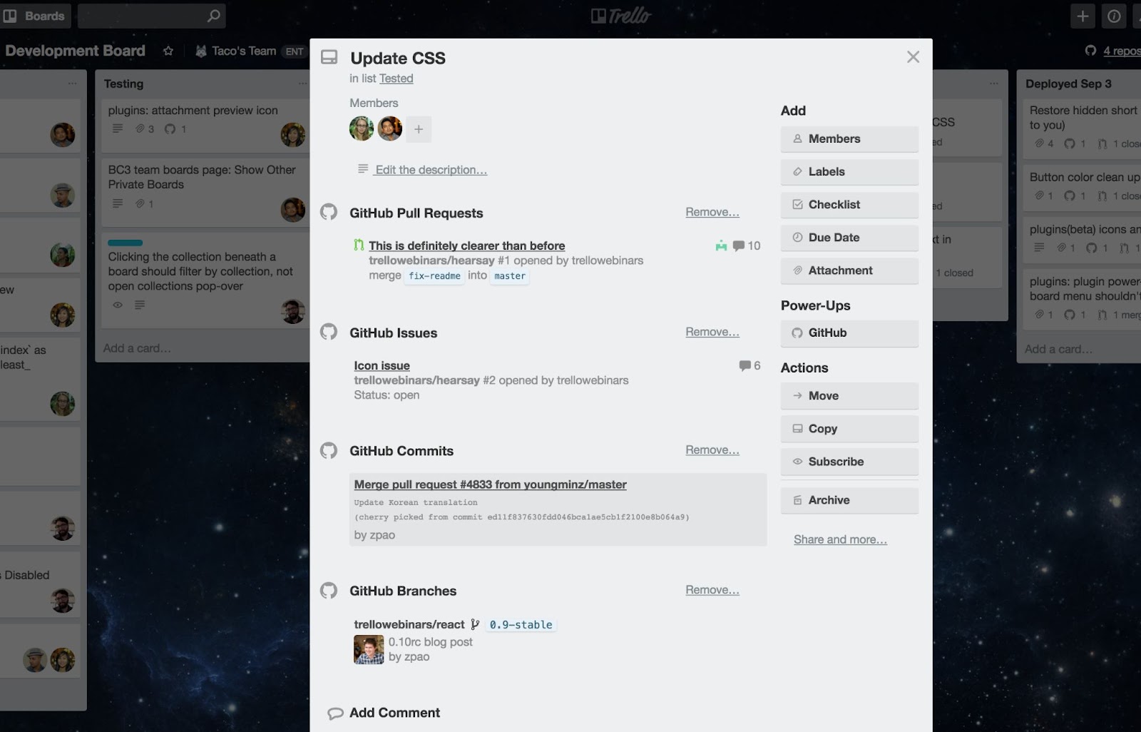 Screenshot of a Trello card that’s using the GitHub Power-Up to pull requests directly into Trello’s platform. 