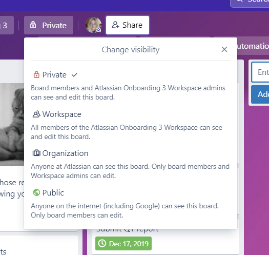 screenshot of privacy settings and visibility on a Trello board