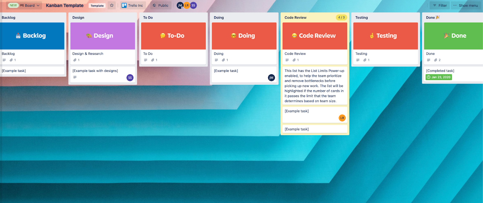 Photo of a Kanban board in Trello, with lists designated left to right as “Backlog,” “Design,” “To Do,” “Doing,” “Code Review,” “Testing,” and “Done”