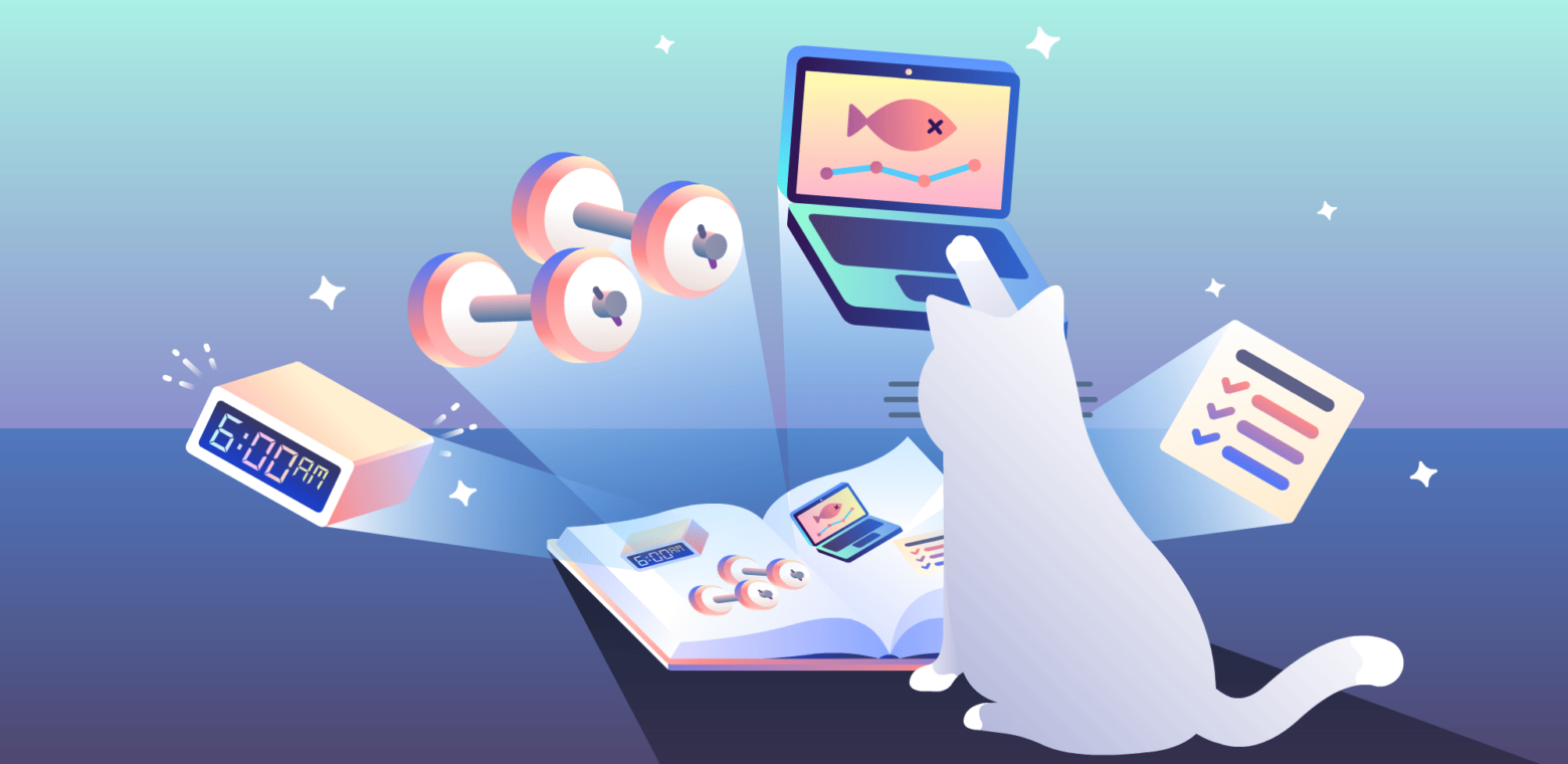 illustration of a cat reading a book with morning routine symbols like an alarm clock and a checklist jumping off the page