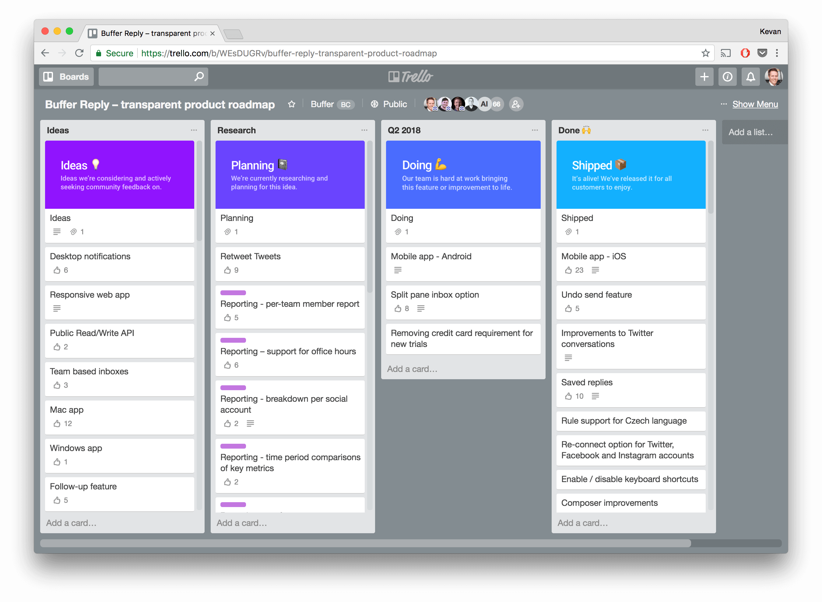 Sample Trello Board from Buffer for Product Roadmap