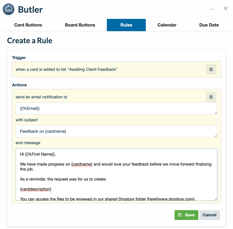 email rule for Butler in Trello