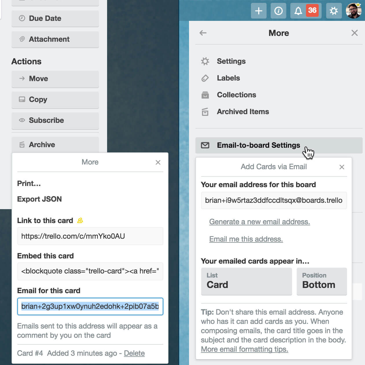 Trello email-to-board settings